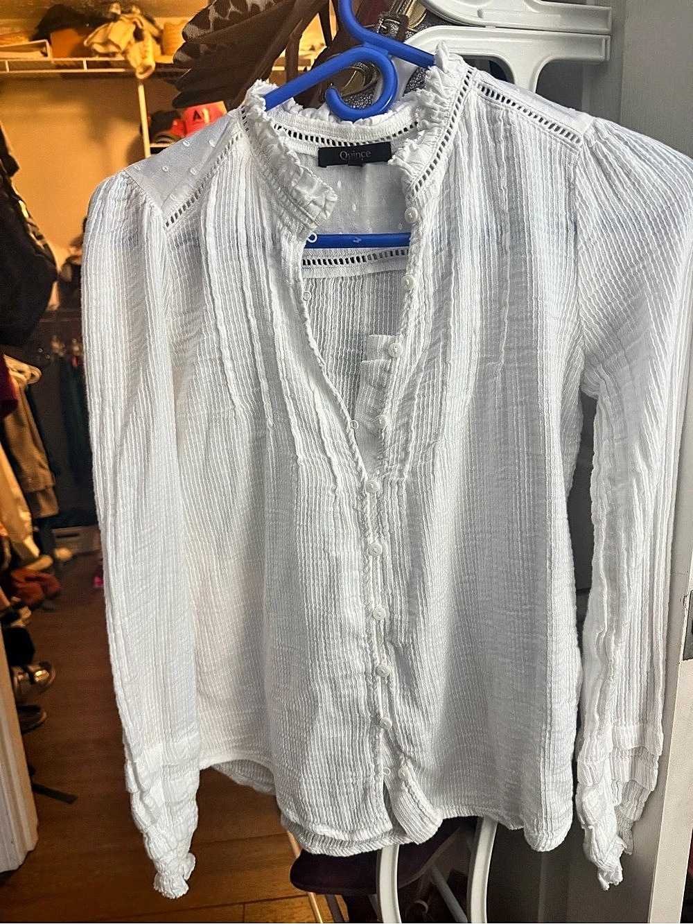 Quince Embroidered Cotton Ruffle Collar Long Sleeve Blouse White XS